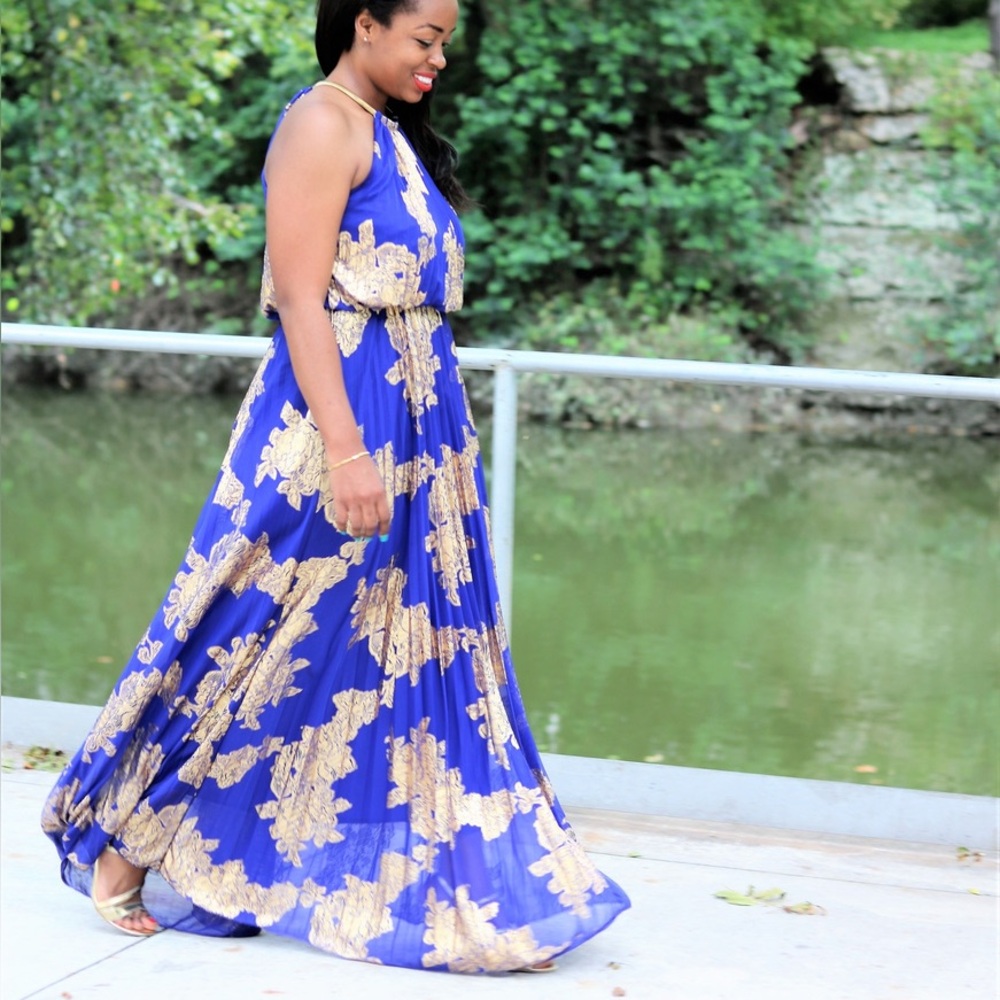 Cobalt Blue/Violet and Gold Halter Maxi/ floor length Dress